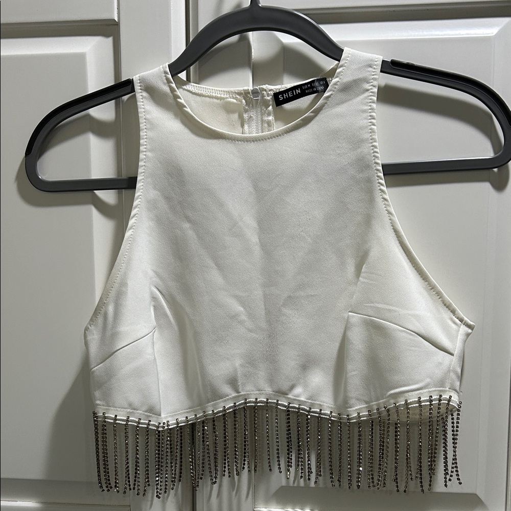 SHEIN White Sparkle Embellished Fringe Crop Top